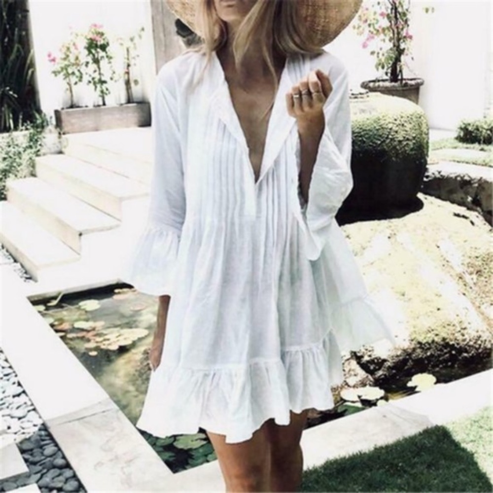 Boho White ruffle hem 3/4 sleeve v neck dress - Picture 2 of 5